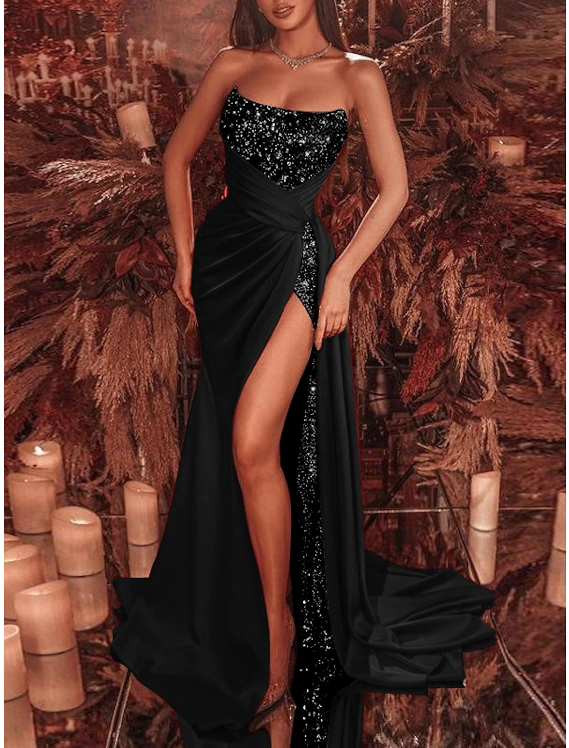 Sheath Black Dress Evening Gown Christmas Red Green Dress Formal Court Train Sleeveless Strapless Sequined with Ruched Sequin Slit 2025